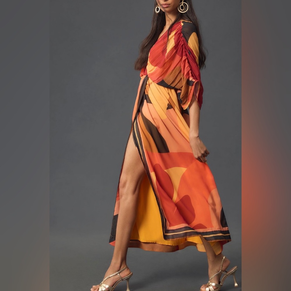 FARM Rio Red Orange & Yellow Abstract Pleated Maxi Dress - Picture 7 of 13